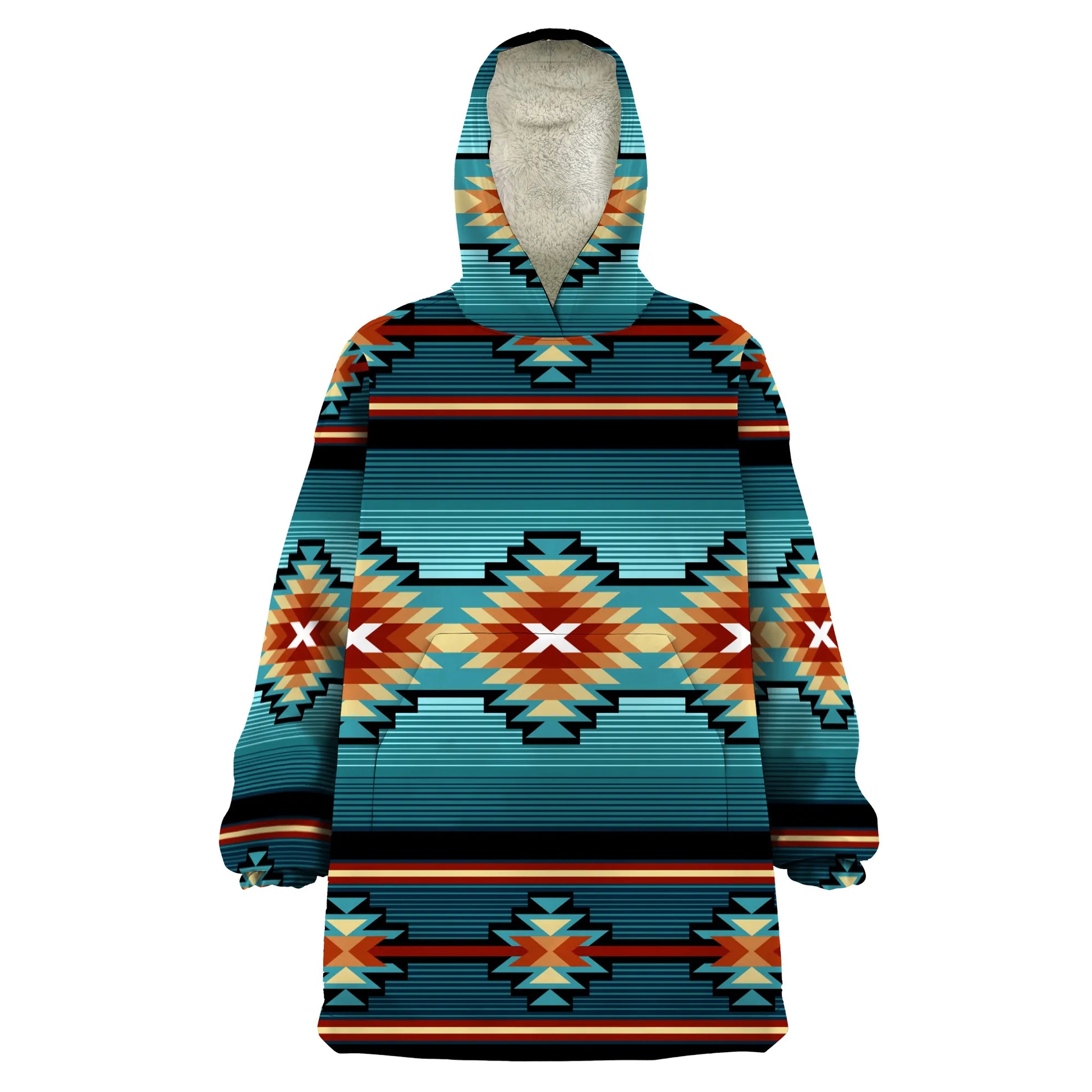 Full front view of the Desert Horizon Snuggie-Style Hoodie, showcasing its bold tribal print in turquoise and orange, kangaroo pocket, and soft oversized silhouette.