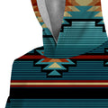 Close-up of the Desert Horizon Snuggie-Style Hoodie’s hood and shoulder area, highlighting the sherpa-lined interior and crisp turquoise and orange geometric pattern