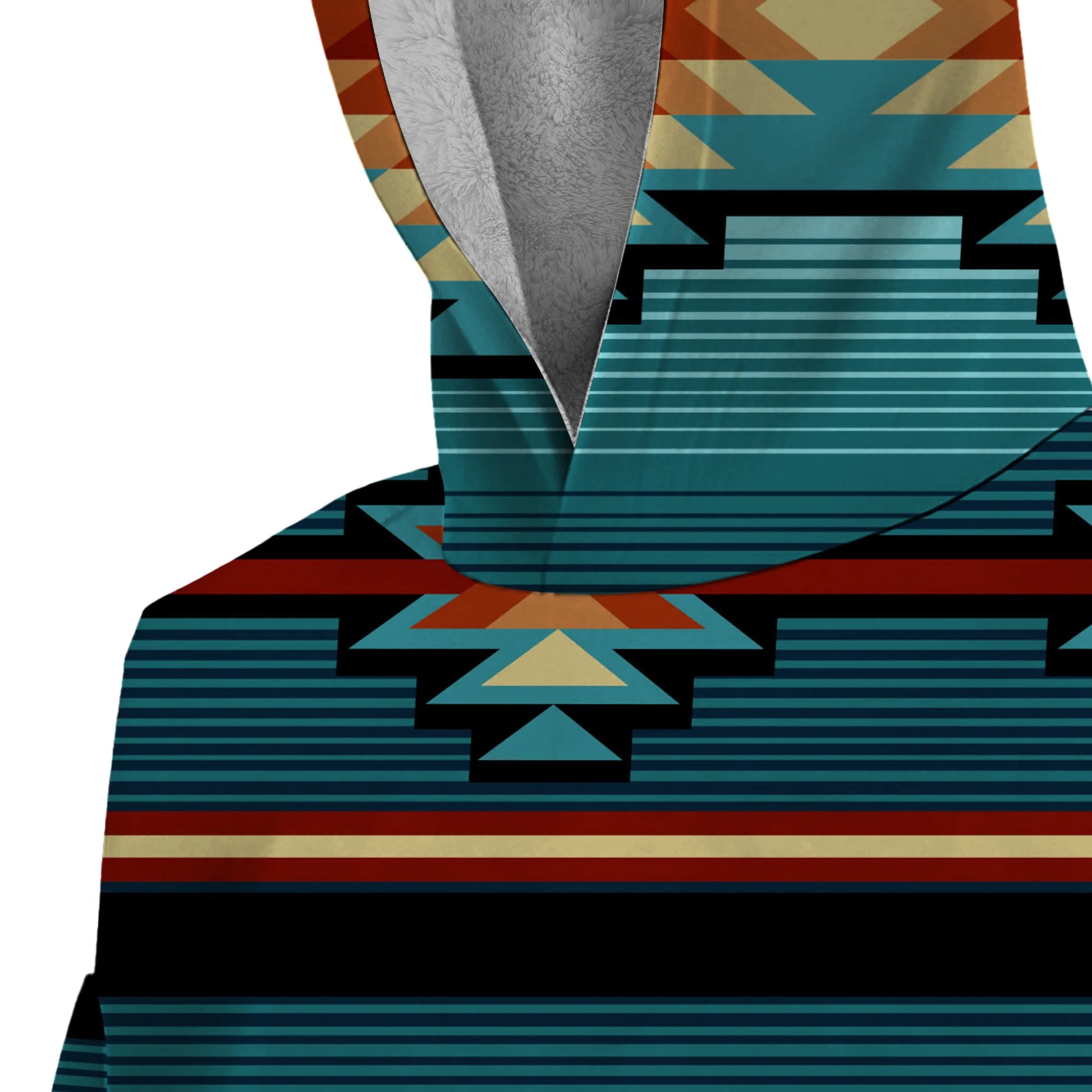 Close-up of the Desert Horizon Snuggie-Style Hoodie’s hood and shoulder area, highlighting the sherpa-lined interior and crisp turquoise and orange geometric pattern