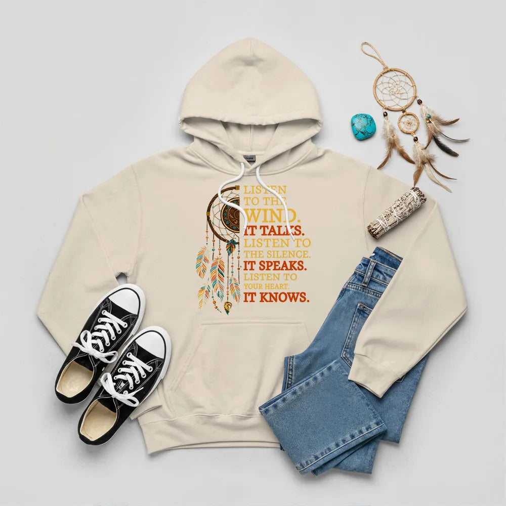 A desert sand hoodie featuring ‘Listen to the Wind’ dreamcatcher print inspired by Plains tribes.