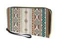 Back view of Desert Sands Wallet highlighting continuous Native American–inspired tribal patterns in turquoise and tan with gold zipper.