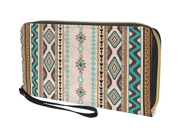 Back view of Desert Sands Wallet highlighting continuous Native American–inspired tribal patterns in turquoise and tan with gold zipper.