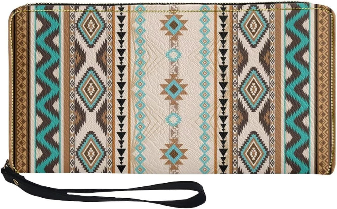 Back view of Desert Sands Wallet highlighting continuous Native American–inspired tribal patterns in turquoise and tan with gold zipper.