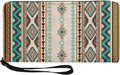 Front view of Desert Sands Wallet showing turquoise, tan, and brown Southwestern geometric striped pattern on zip-around design with wrist strap.