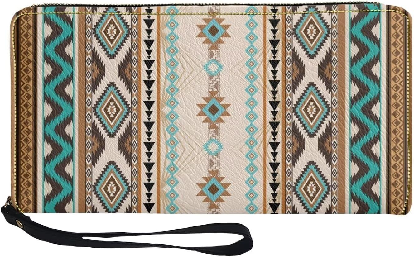 Front view of Desert Sands Wallet showing turquoise, tan, and brown Southwestern geometric striped pattern on zip-around design with wrist strap.