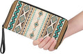 Hand holding Desert Sands Wallet, showcasing size and vibrant Southwest geometric print against wrist strap.
