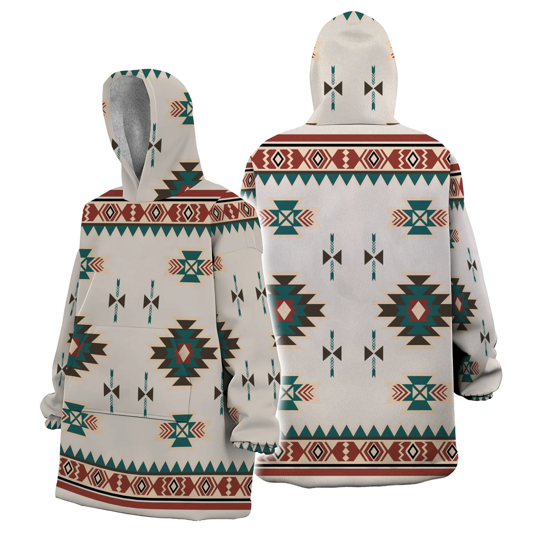 Person wearing an oversized cream hooded blanket covered in turquoise, red, and brown Native American–inspired geometric patterns, arms outstretched.
