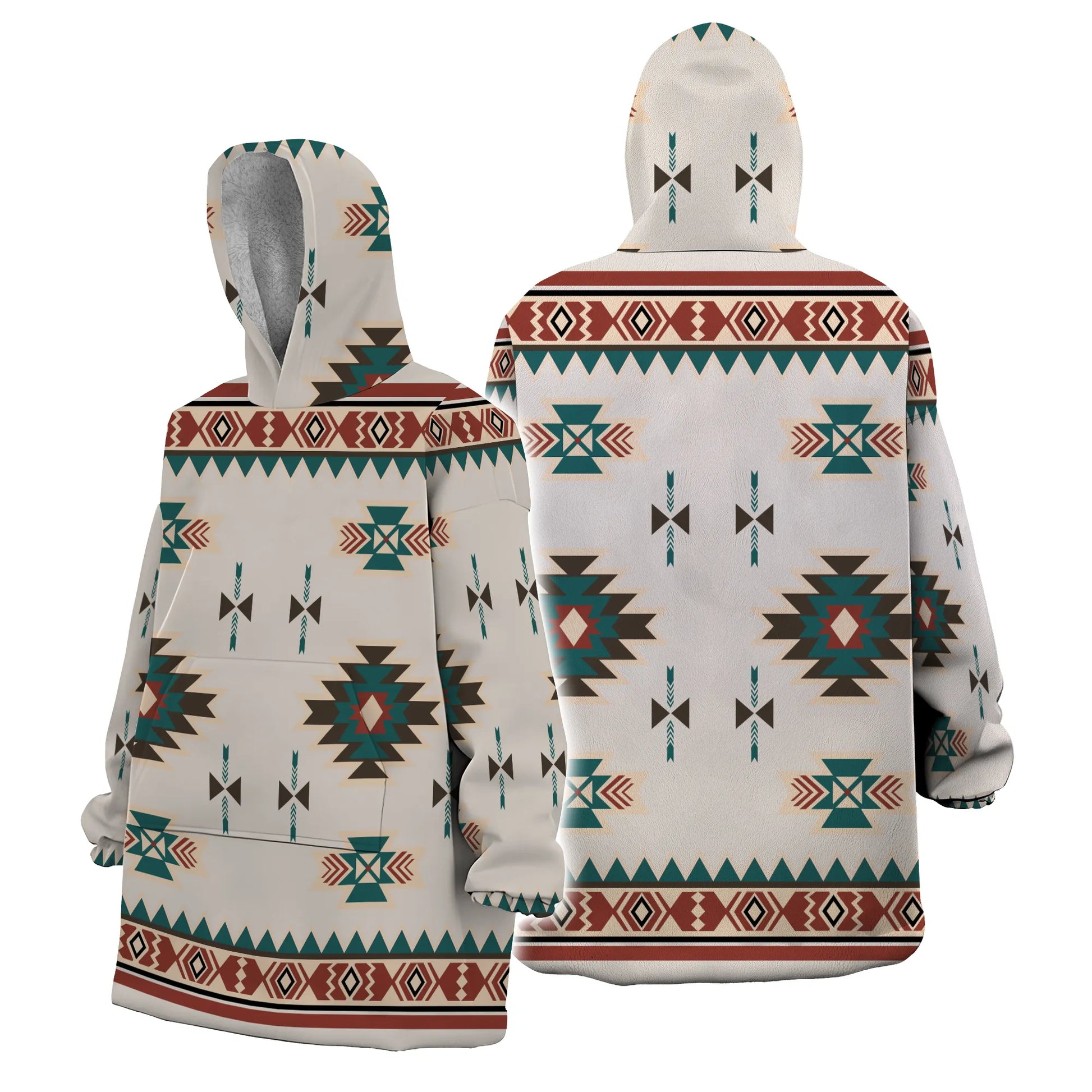 
Front and back views of a snug hoodie with a desert twilight tribal pattern in muted cream, teal, and rust colors, featuring large geometric medallions and arrow motifs across the body and sleeves.