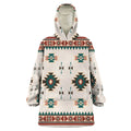 

Front view of the hoodie displaying the desert twilight tribal design cream base with teal and rust geometric motifs, central medallions, and matching pattern along the hem and pocket.