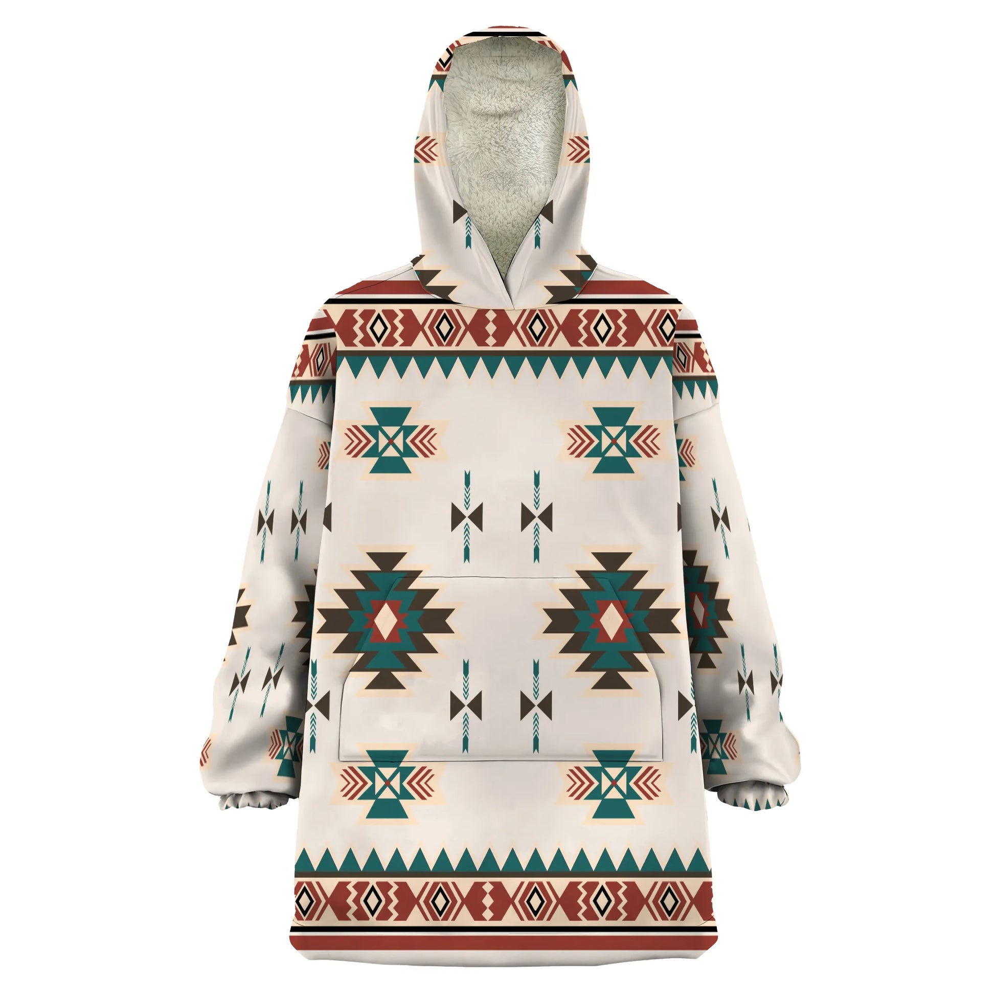 

Front view of the hoodie displaying the desert twilight tribal design cream base with teal and rust geometric motifs, central medallions, and matching pattern along the hem and pocket.