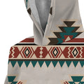 Close-up of the hoodie’s hood area showing detailed desert tribal motifs in rust and teal on a cream background, with shaggy inner lining visible at the opening.