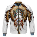 Styled look of Native American Dreamcatcher fleece bomber jacket paired with denim, highlighting white feather design and cozy fleece material