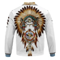 Back view of Native American Dreamcatcher fleece bomber jacket showcasing intricate white feather motifs and tribal patterns