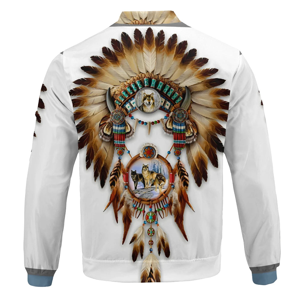 Back view of Native American Dreamcatcher fleece bomber jacket showcasing intricate white feather motifs and tribal patterns