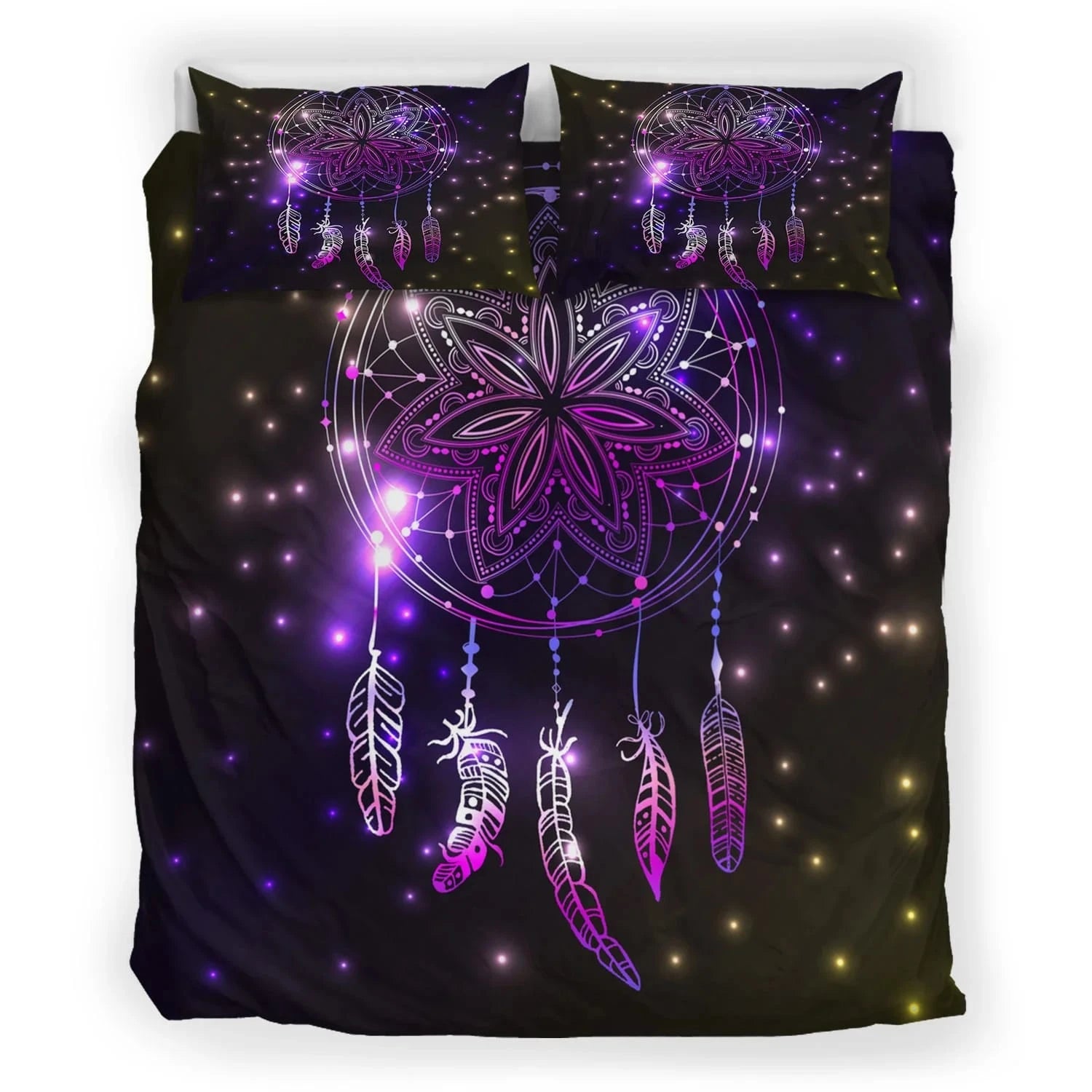 Dreamcatcher bedding set with purple glowing dreamcatcher and feathers on black starry background
