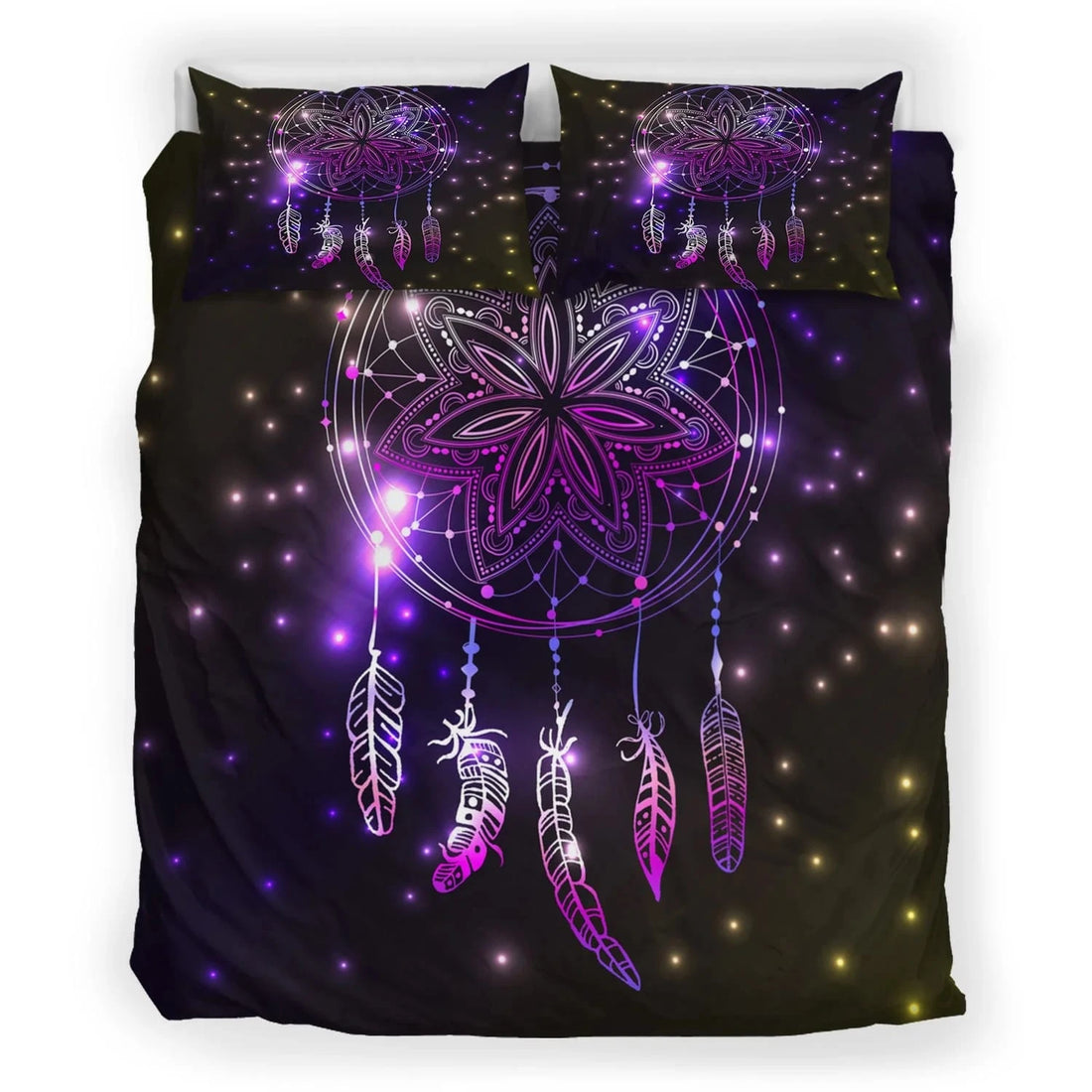 Dreamcatcher bedding set with purple glowing dreamcatcher and feathers on black starry background