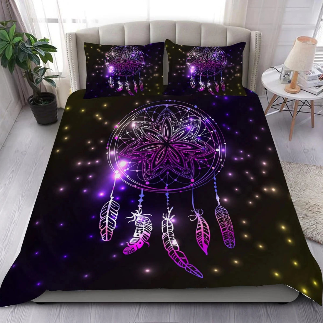 Dreamcatcher bedding set with purple glowing dreamcatcher and feathers on black starry background