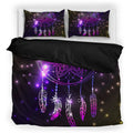 Bedroom setup with dreamcatcher purple glow bedding set featuring comforter and pillowcases