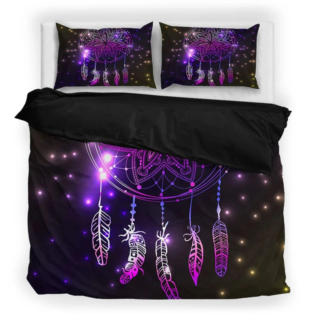 Bedroom setup with dreamcatcher purple glow bedding set featuring comforter and pillowcases