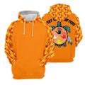 Orange pullover hoodie with multicolored handprint sleeves and hood lining, and back artwork of a decorated turtle and the slogan “Every Child Matters.”