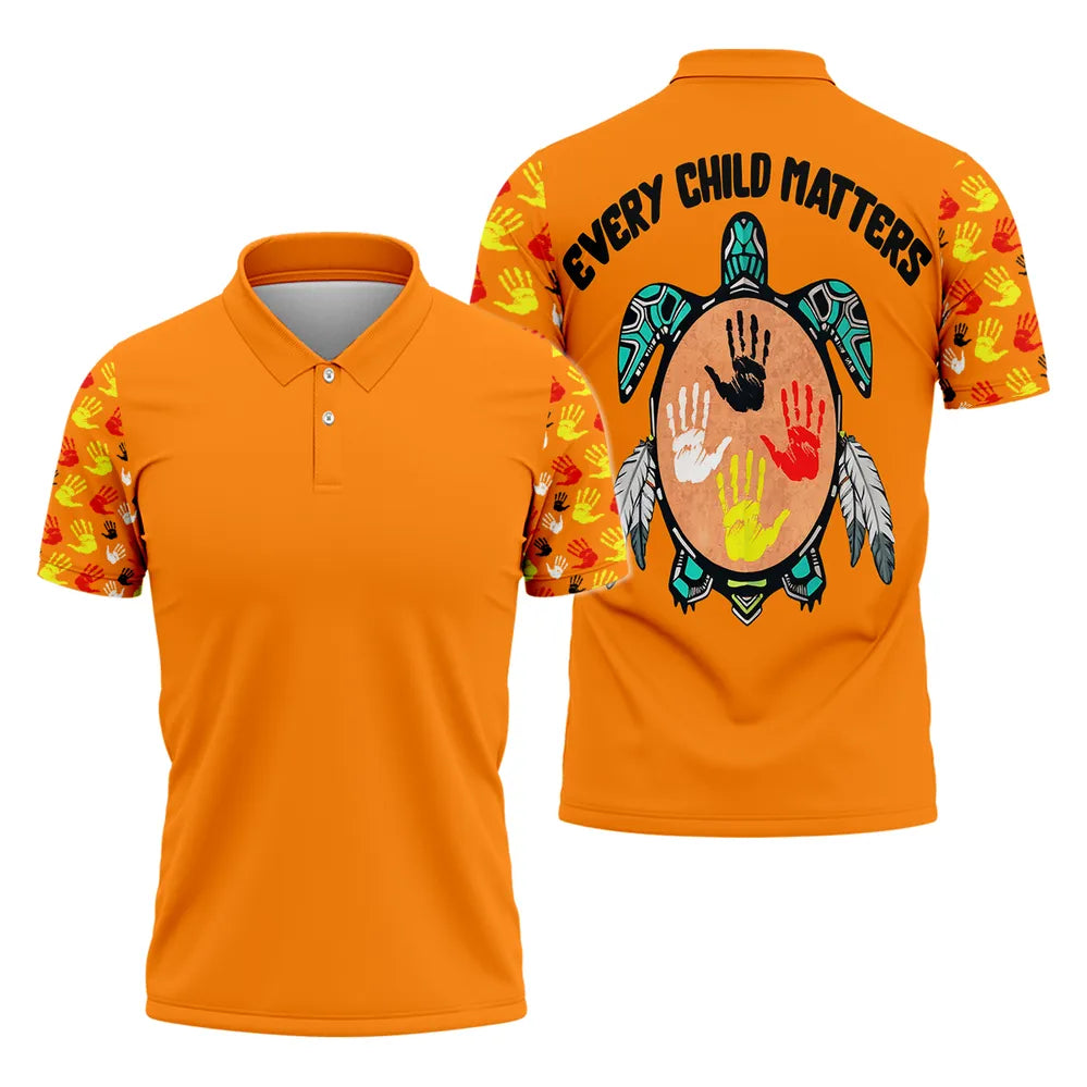 Orange polo shirt with handprint pattern on sleeves and collar, backed by a turtle shell handprint design and “Every Child Matters” slogan on the rear.