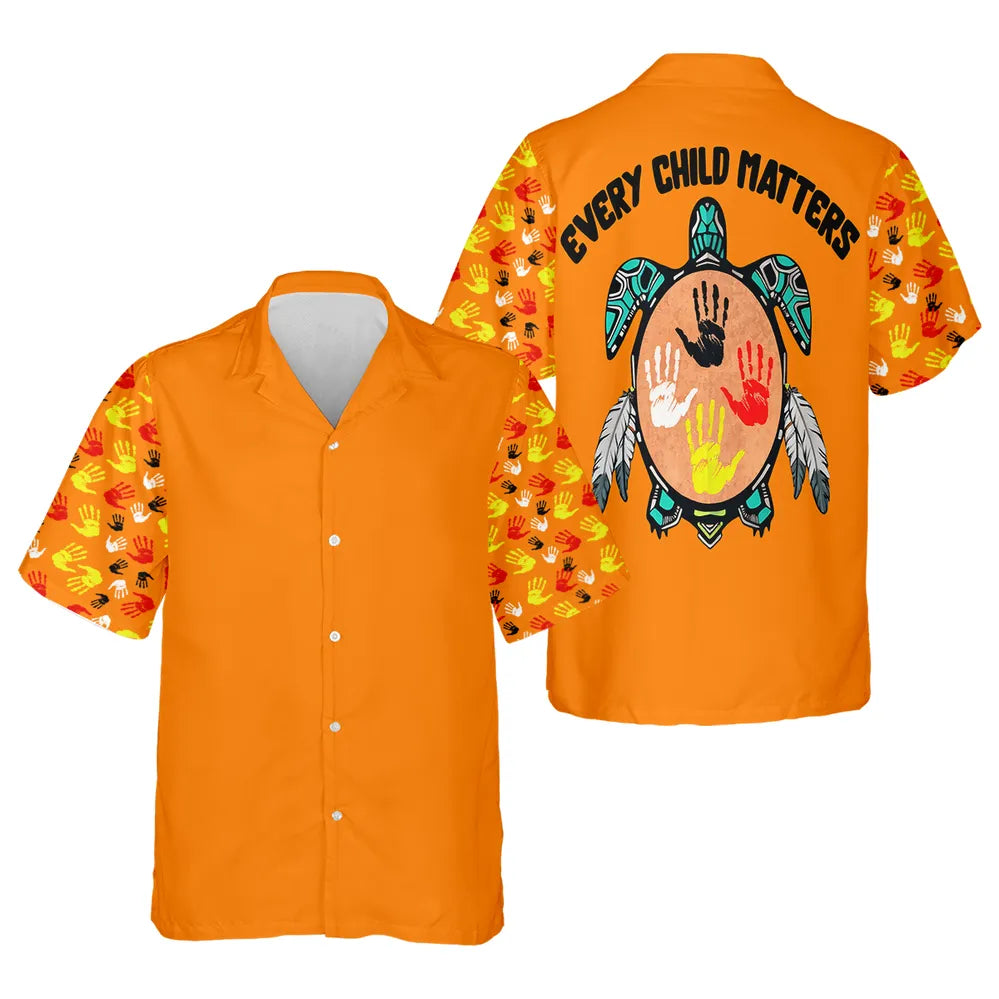 Orange camp‑collar button‑up shirt with scattered handprint sleeves and a turtle handprint graphic plus “Every Child Matters” across the shoulders on the back.