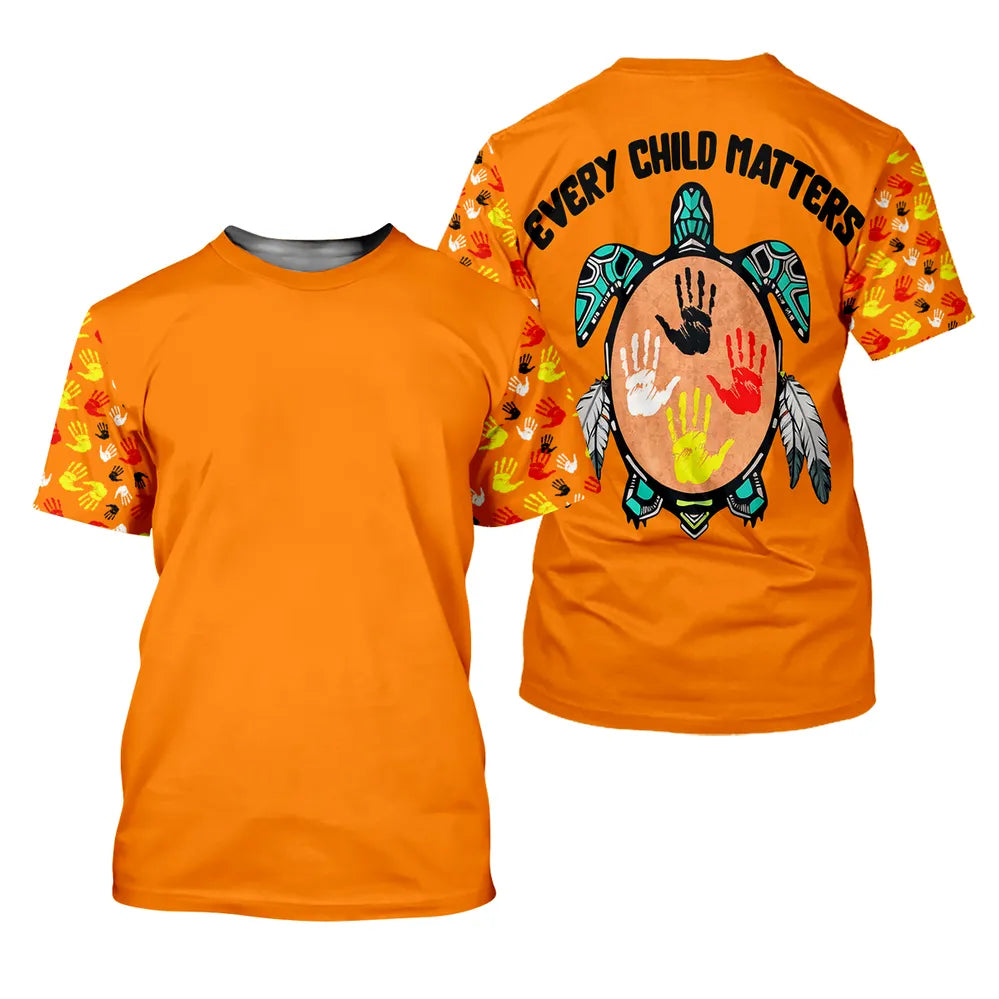 Orange polo shirt with handprint pattern on sleeves and collar, backed by a turtle shell handprint design and “Every Child Matters” slogan on the rear.