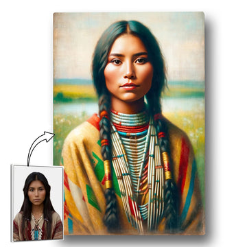 Framed version of a personalized Native American-style portrait made from a customer’s photo.