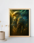 Close‑up of the framed canvas showing detailed brushstrokes of the bald eagle’s head, wolf profile, and luminous chief headdress.