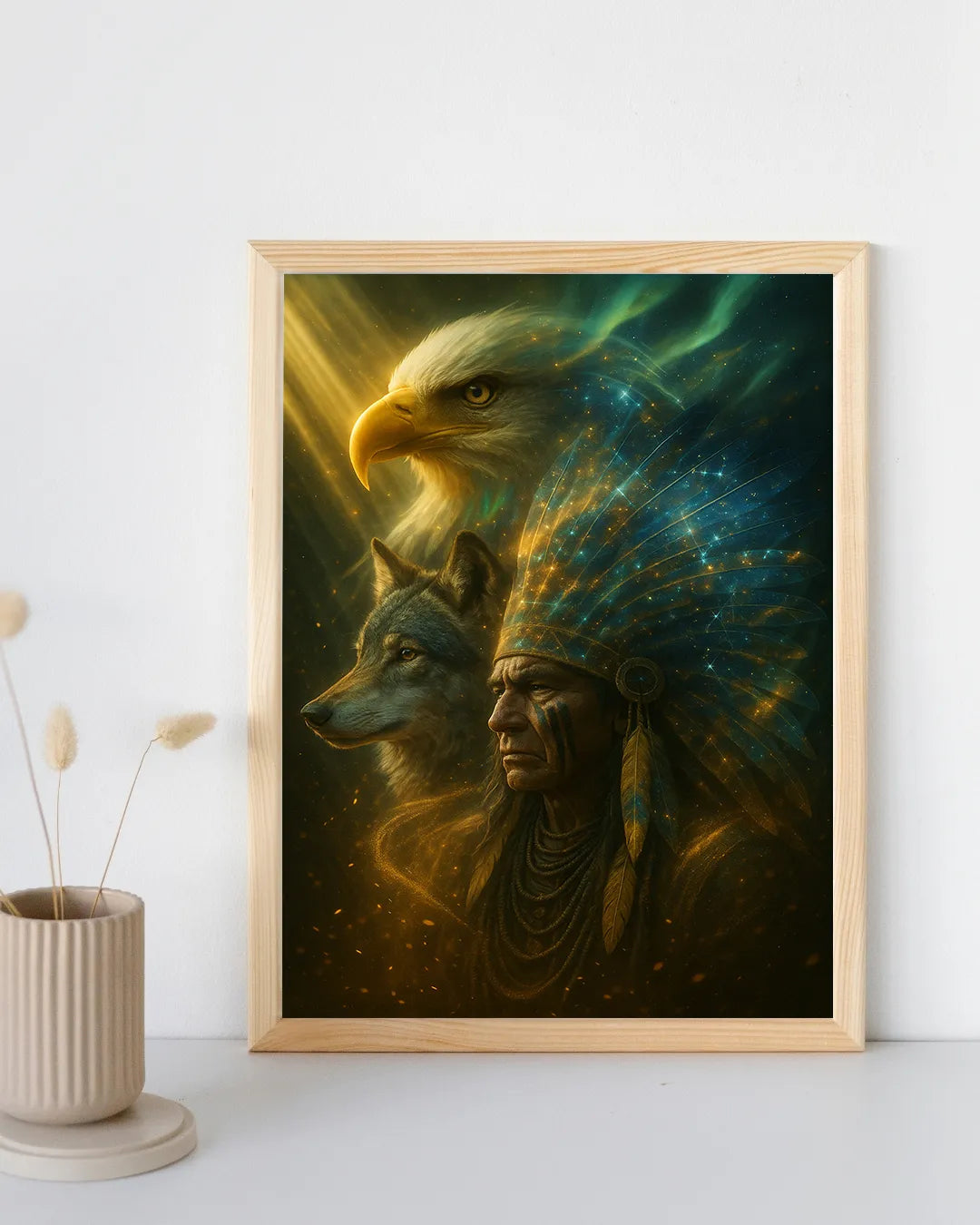Close‑up of the framed canvas showing detailed brushstrokes of the bald eagle’s head, wolf profile, and luminous chief headdress.