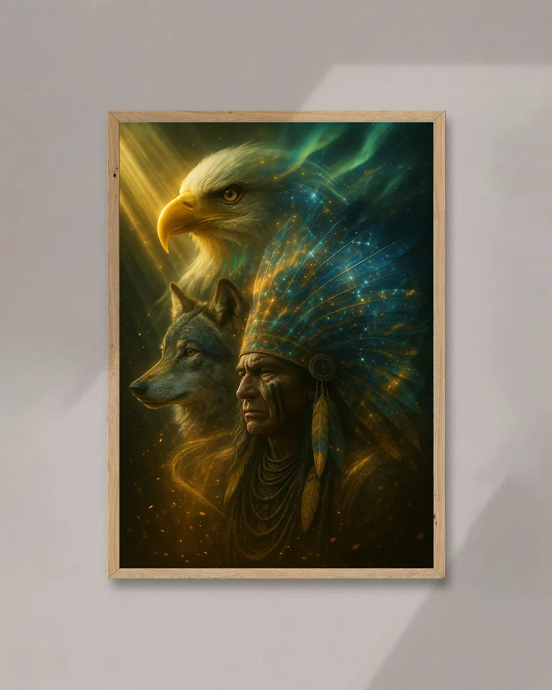 Close‑up of the framed canvas showing detailed brushstrokes of the bald eagle’s head, wolf profile, and luminous chief headdress.