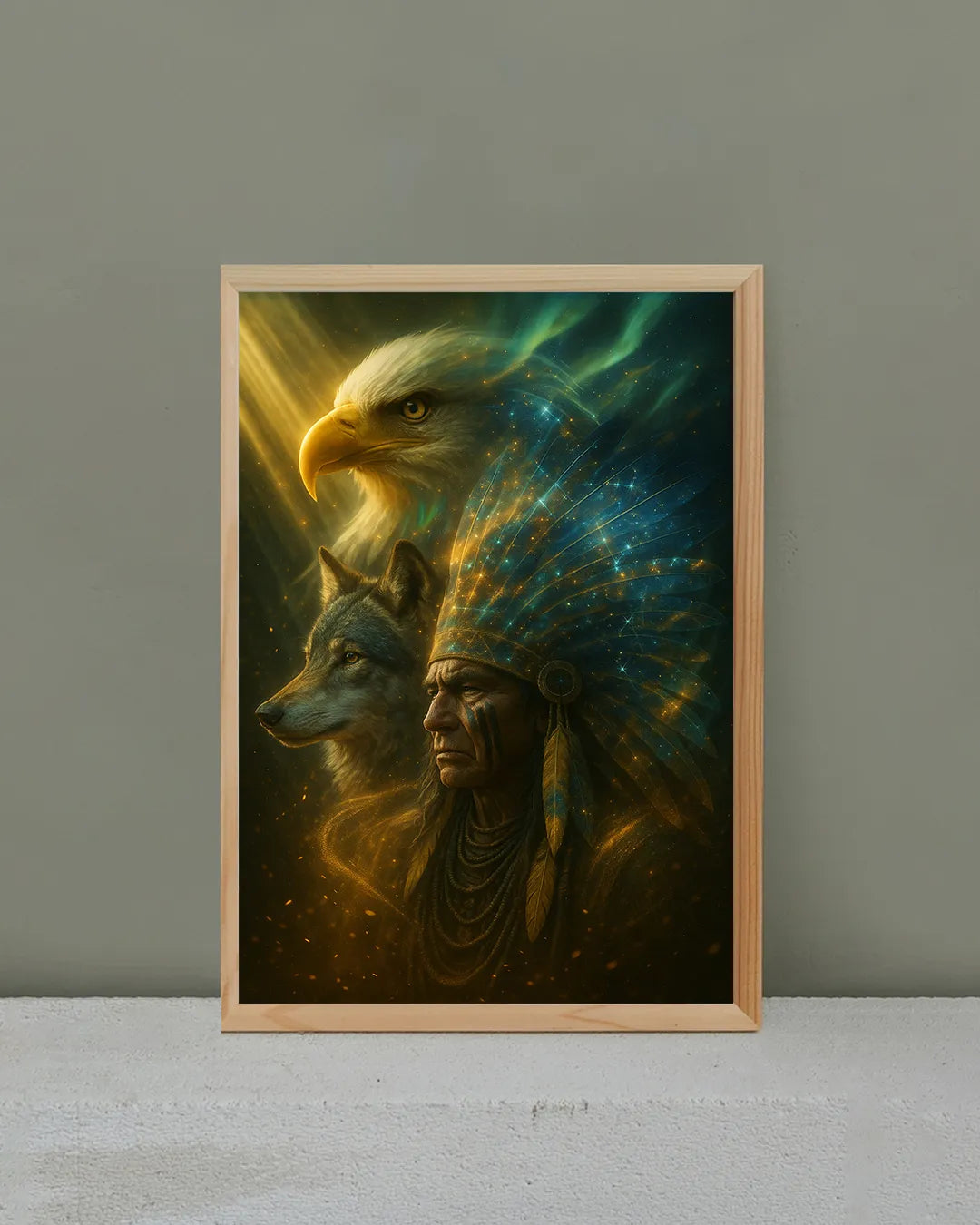 Close‑up of the framed canvas showing detailed brushstrokes of the bald eagle’s head, wolf profile, and luminous chief headdress.