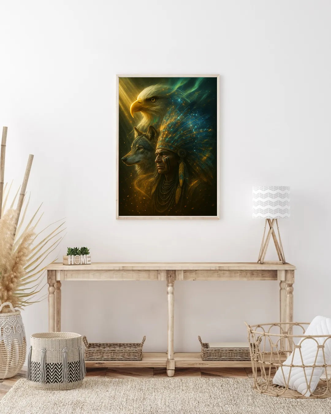 Close‑up of the framed canvas showing detailed brushstrokes of the bald eagle’s head, wolf profile, and luminous chief headdress.
