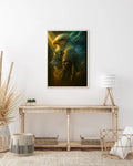 The canvas print displayed on a mantel alongside dried florals and rustic accents, evoking tribal heritage and nature spirit.
