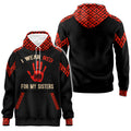 Front and back view of black hoodie with red handprint and tribal patterned hood