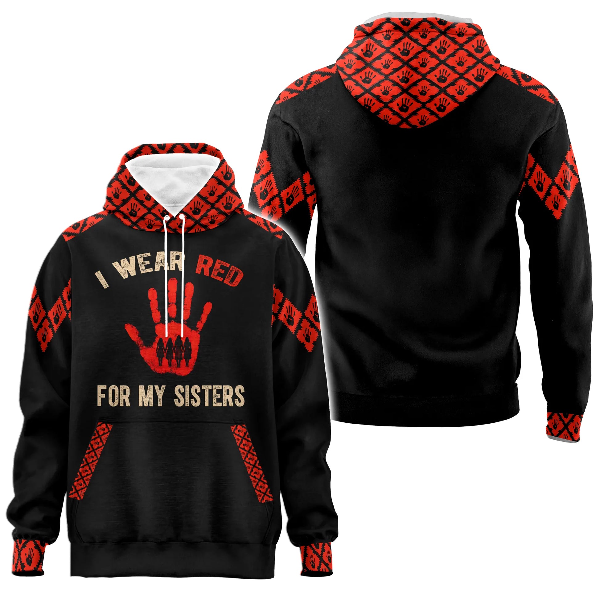 Front and back view of black hoodie with red handprint and tribal patterned hood