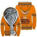 Close-up of the velvet-lined hood interior of an orange “Every Child Matters” hoodie jacket.