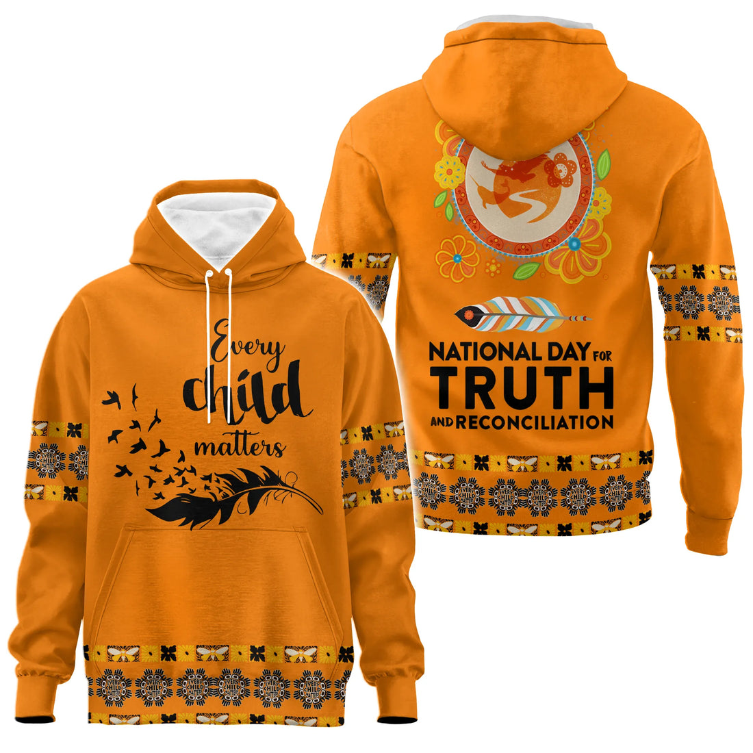 Front and back view of an orange bomber jacket with “Every Child Matters” lettering and a black feather turning into flying birds.