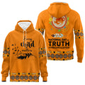 Orange hoodie back front art showing circular Indigenous motif and “National Day for Truth and Reconciliation