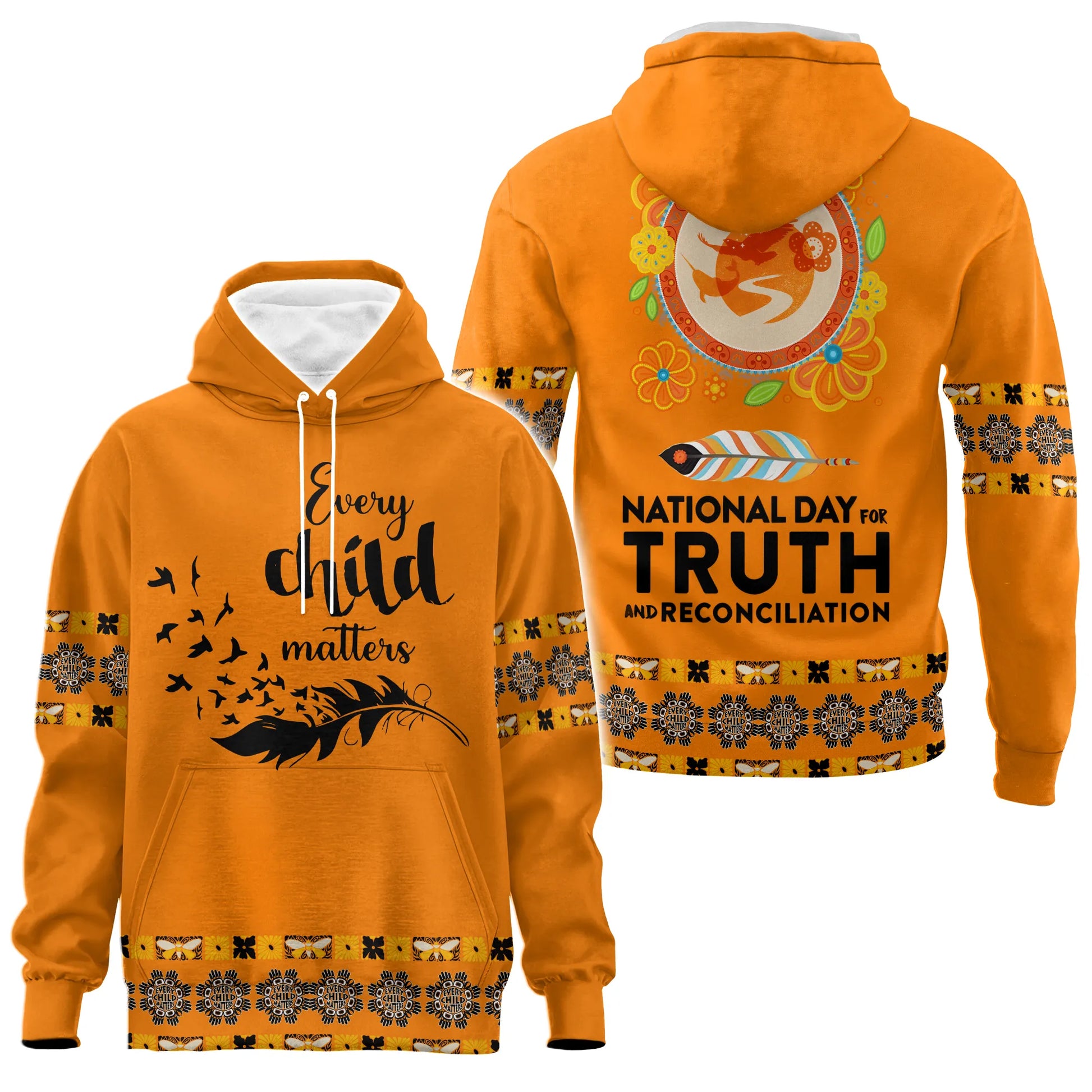 Orange hoodie back front art showing circular Indigenous motif and “National Day for Truth and Reconciliation