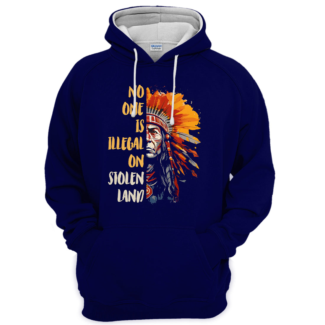 "No One Is Illegal On Stolen Land" Native American designed Hoodie, Chief Headdress Jacket
