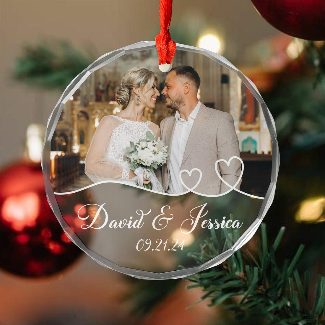 Personalized Couple Photo Crystal Ornament, Newly Married Glass Ornaments, Valentine Gifts, Bridal Shower, Mr & Mrs Christmas Keepsake Gifts