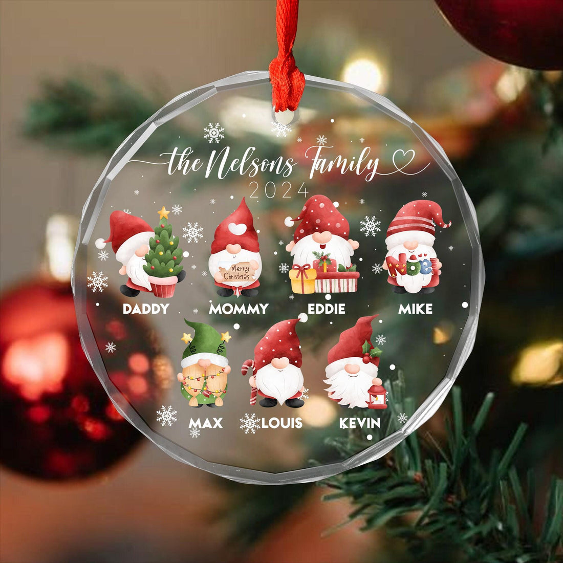 Personalized Christmas Gnome Family Glass Ornament with Names for Christmas Tree
