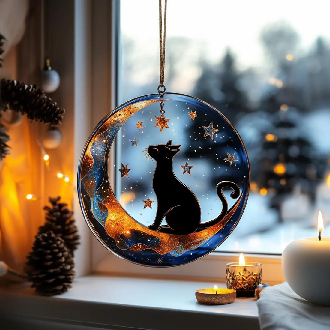 Black Cat on Moon Acrylic Window Hanging Sun Catcher for Cat Moms, Home Decor Window Art, Cat Owner Gift, Moon and Stained Glass Decoration