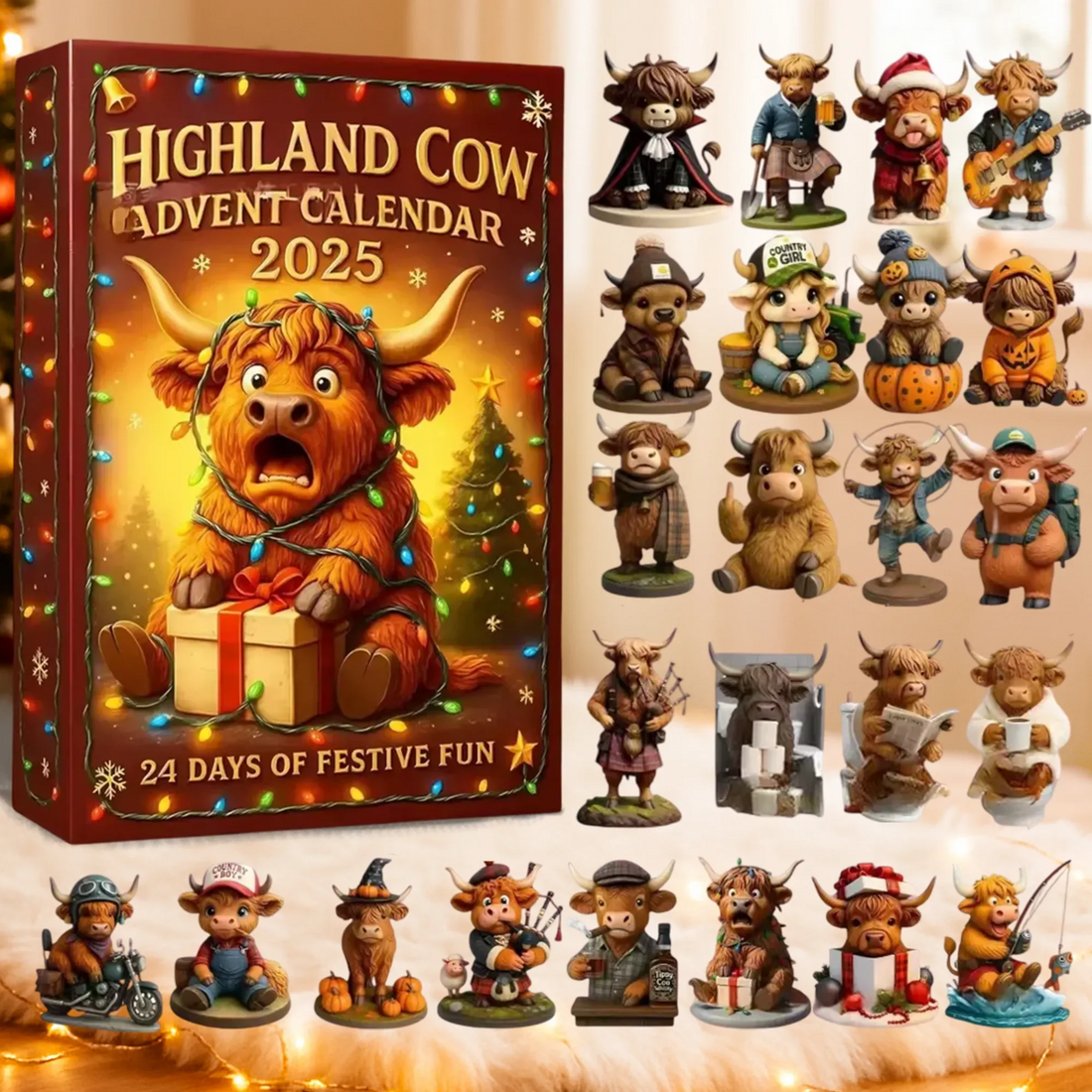 Funny Highland Cow Ornament Advent Calendar, Advent Ornaments, Christmas Countdow Calendar