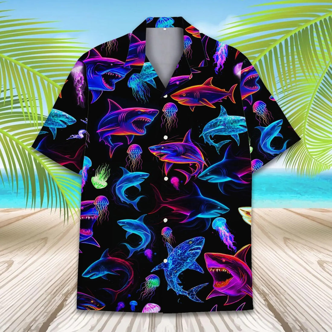 Neon Shark Hawaii Shirt, Colorful Shark Hawaiian Shirt for Men, Glow Ocean Predator Aloha Beach Shirt