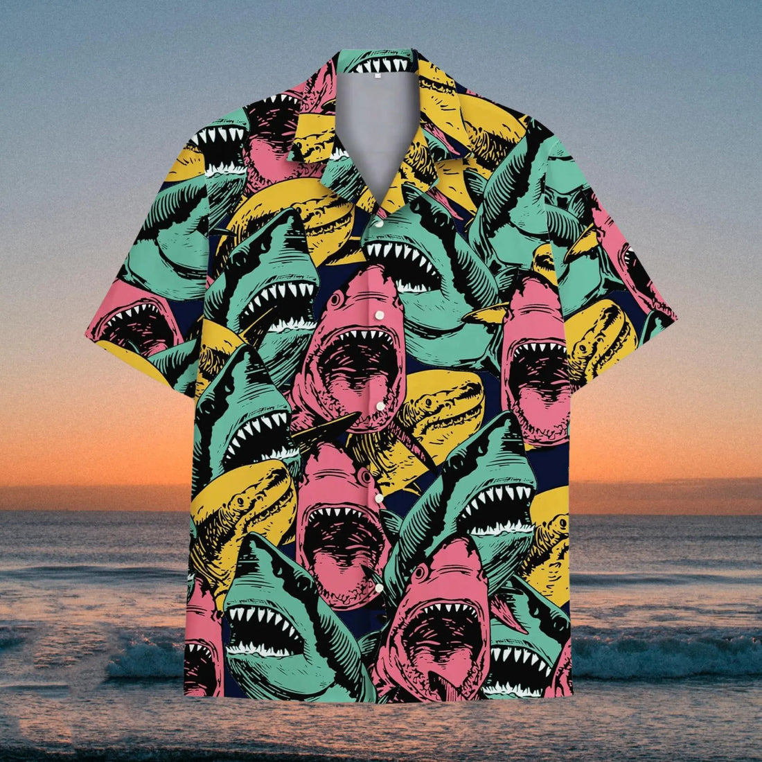 Funny Shark Hawaii Shirt, Colorful Retro Shark Hawaiian Shirt for Men, Bold Ocean Predator Aloha Beach Shirt
