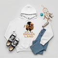 A white hoodie displaying the 