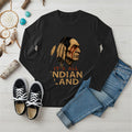 A black long sleeve t-shirt featuring a Native American headdress design with the bold 