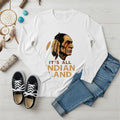 A white long sleeve t-shirt displaying a Native American headdress graphic and the 